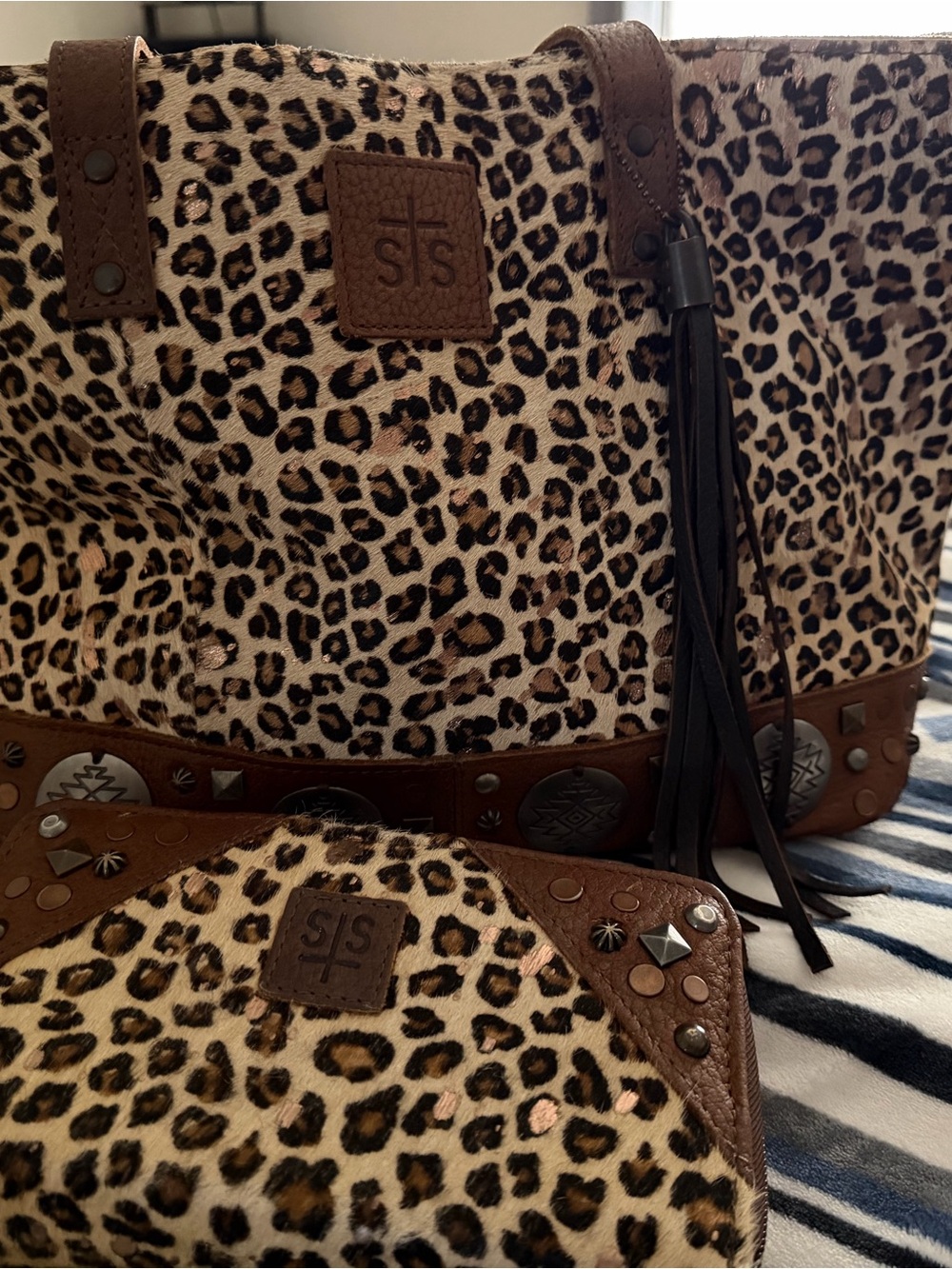 STS Ranchwear Leopard-Print Tote with Brown Leather Trim and Stud Accents